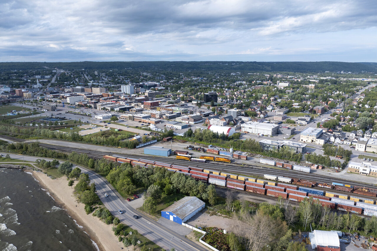 Aerial view of downtown North Bay beside the Lake Nipissing shoreline.