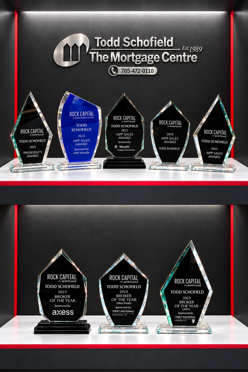Todd Schofield, Mortgage Broker’s recognition wall, with The Mortgage Centre nameplate, Rock Capital MPP Sales and President’s awards, and 2023, 2024 and 2025 Broker of the Year awards.