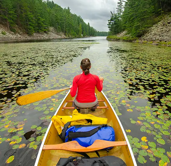 Person paddling a yellow canoe on a narrow lake